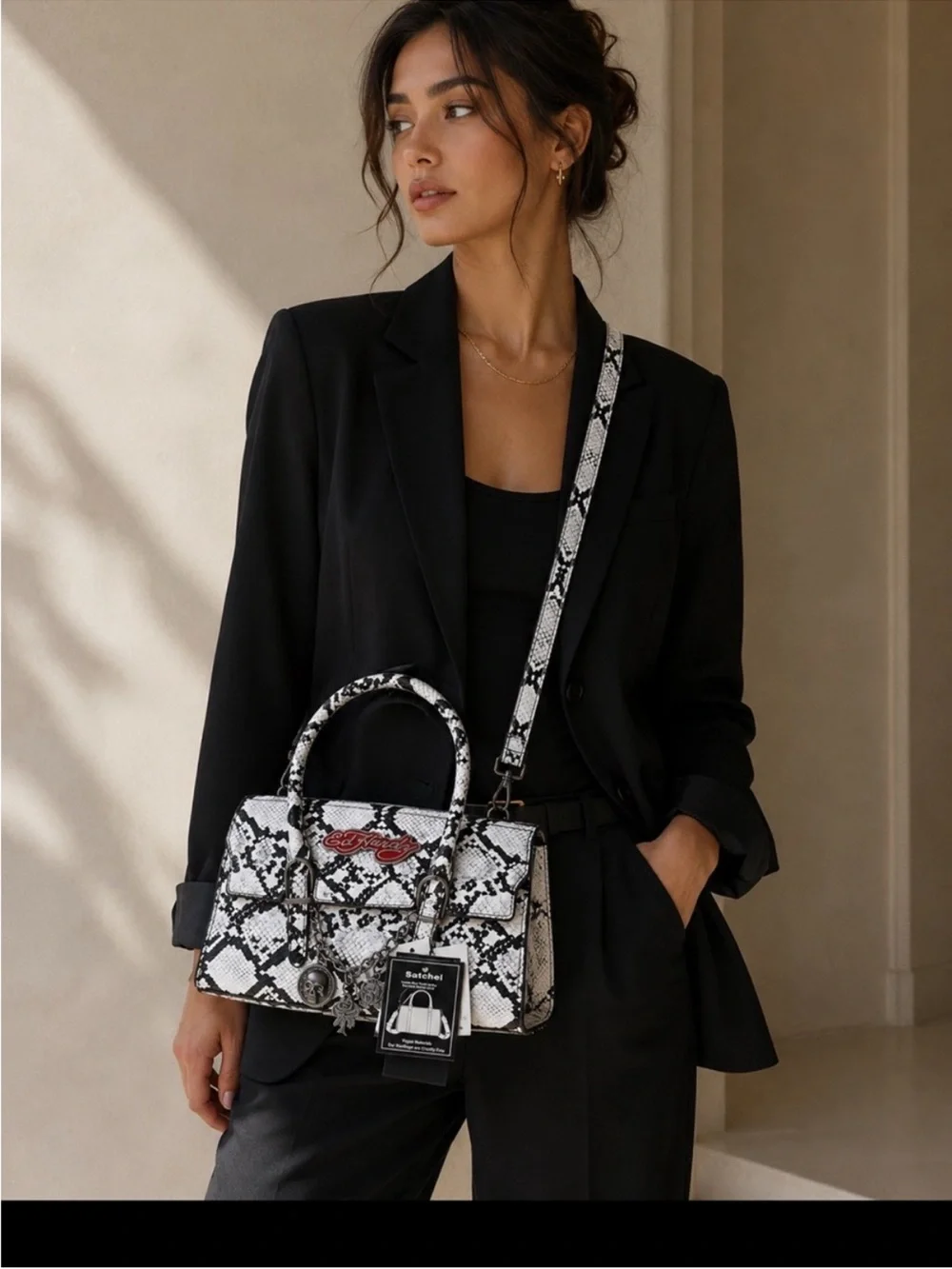 Ed Hardy Black & White Snake-Print Satchel with Charms